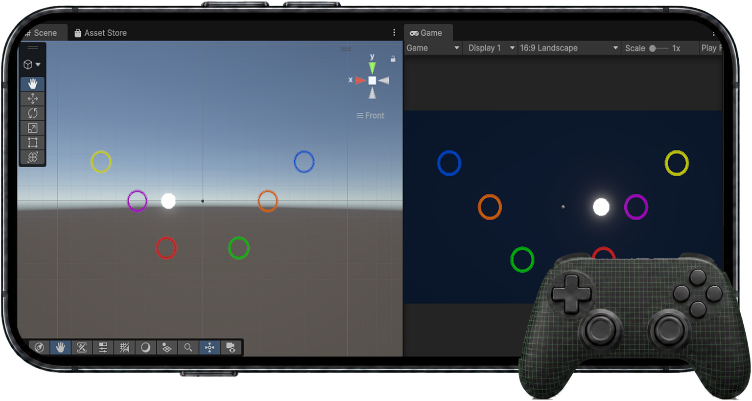 Unity game scene shown on a landscape phone with a controller