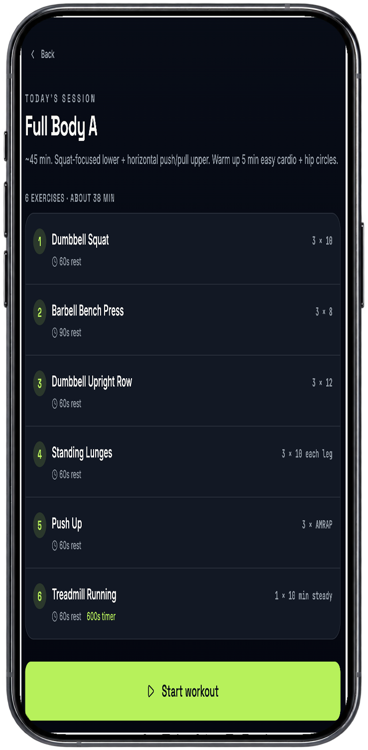 Personal training app workout screen shown on a phone