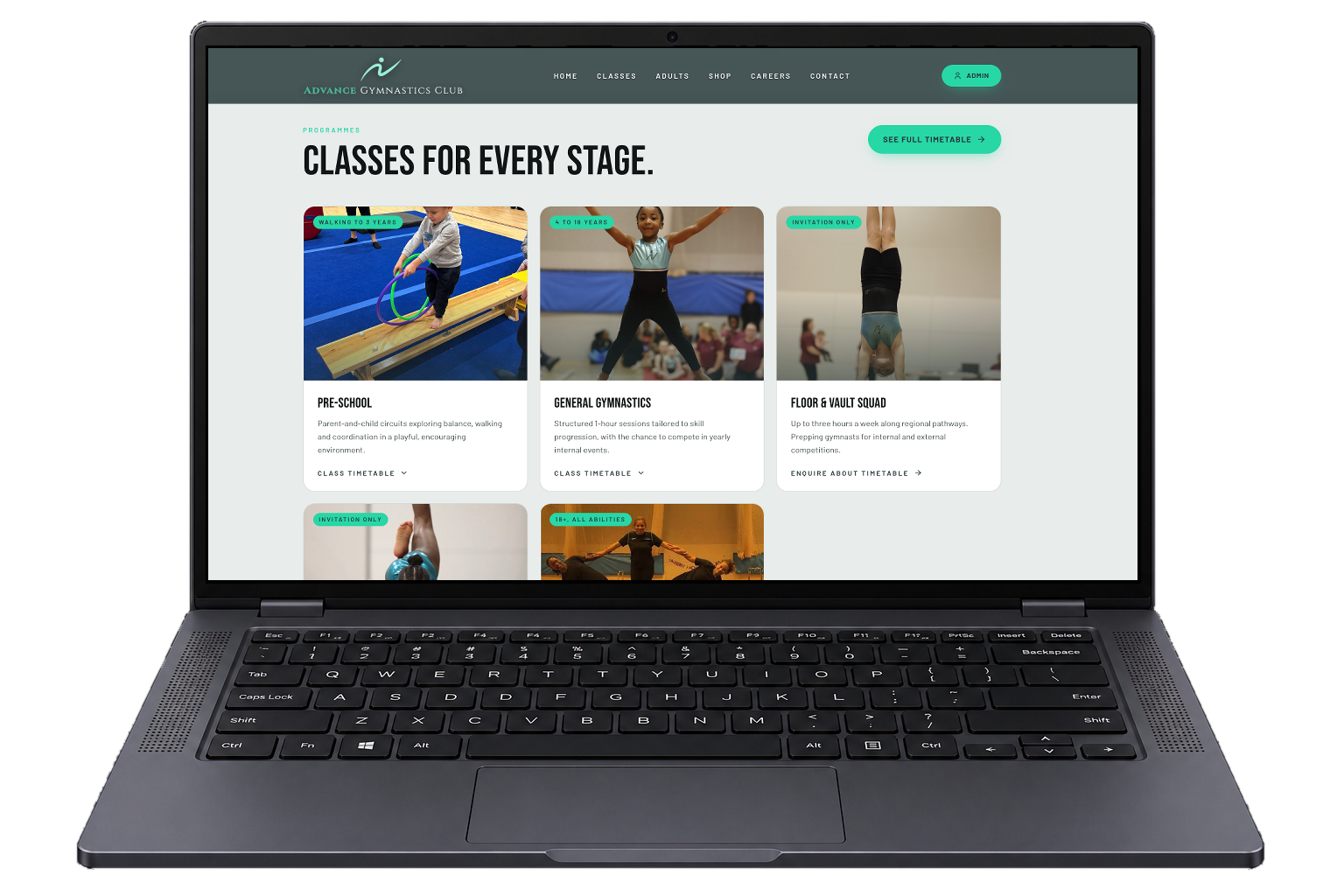 Gymnastics club website classes page shown on a laptop